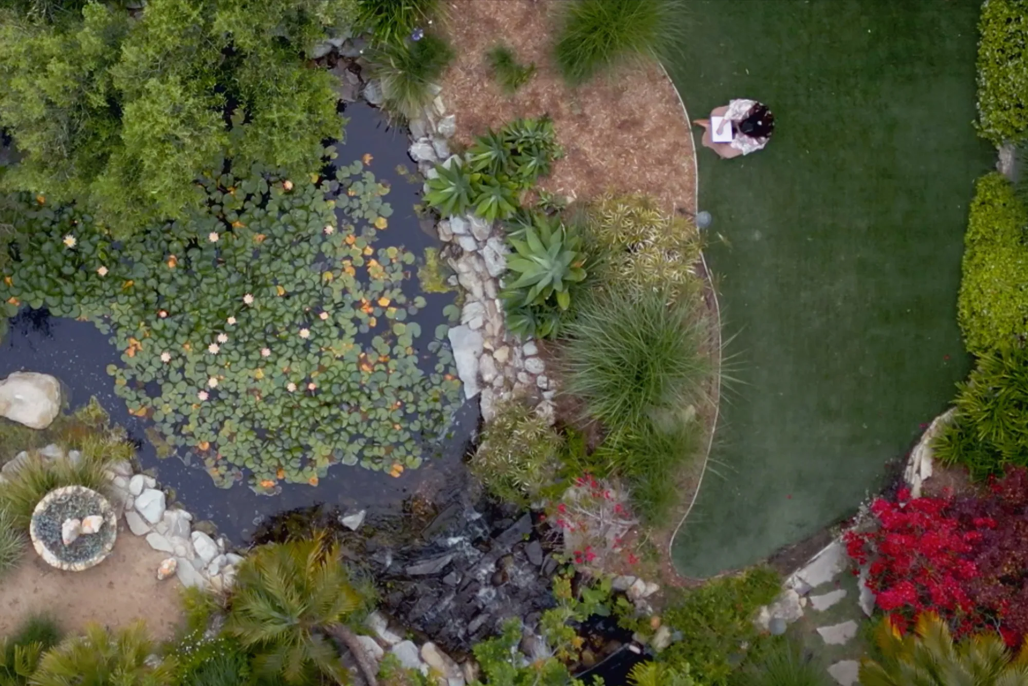 Woman sitting alone near a lily pond meditating.